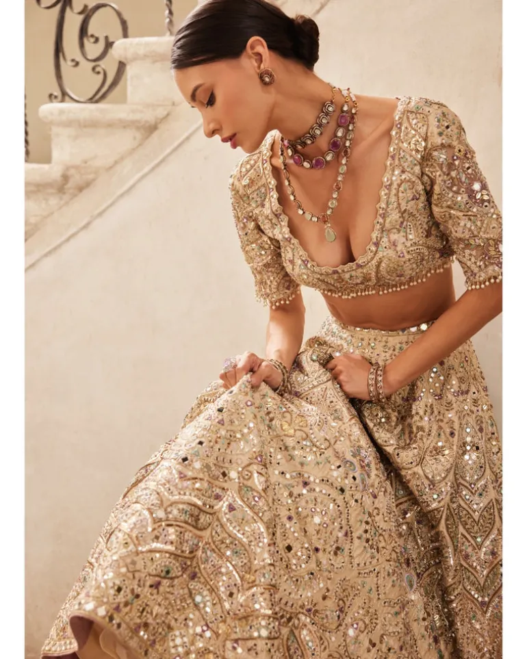 Champagne Raw Silk Mirror Lehenga Set