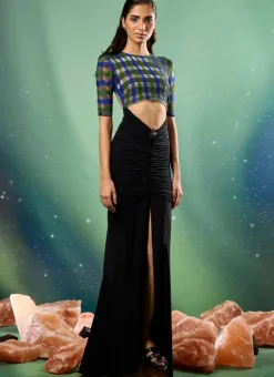 Checkered Metallic Contrast Knit Gown