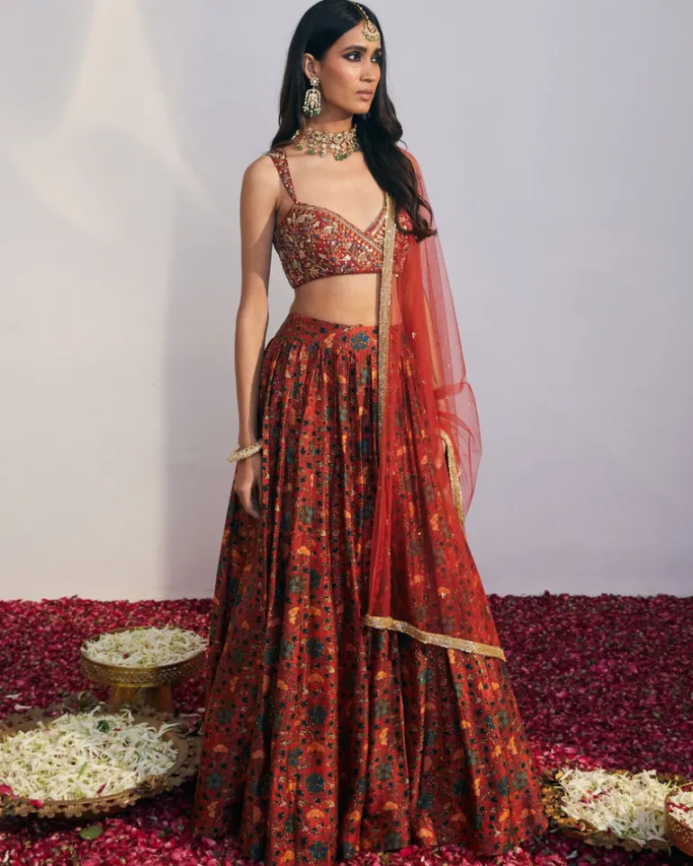 Cherry Red Printed Lehenga Set