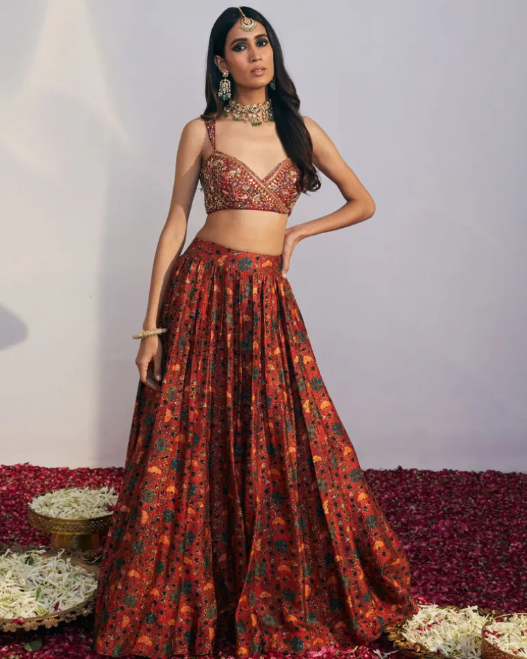 Cherry Red Printed Lehenga Set