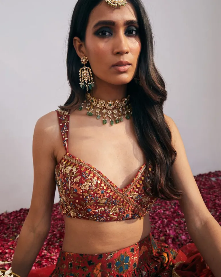 Cherry Red Printed Lehenga Set