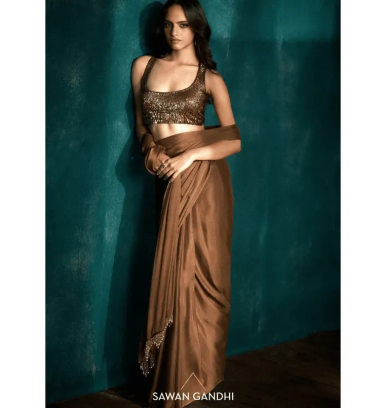 Chiffon Coffee with Chic Leaves Sari Set
