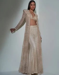 Chrome Gold Embroidered Jacket And Sharara Set