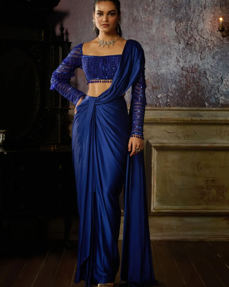 Cobalt Blue Pre Draped Sari Set
