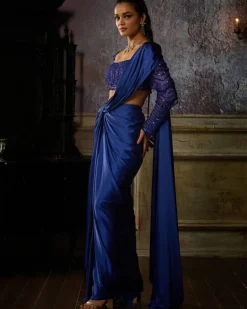 Cobalt Blue Pre Draped Sari Set