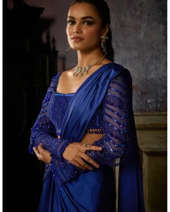 Cobalt Blue Pre Draped Sari Set
