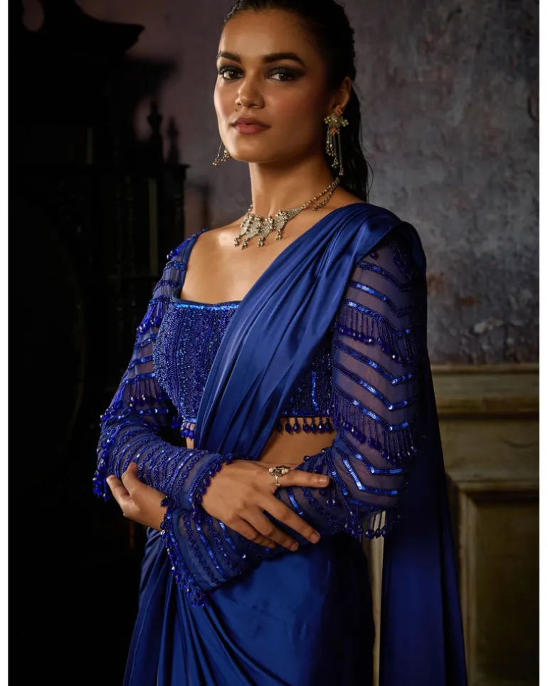 Cobalt Blue Pre Draped Sari Set