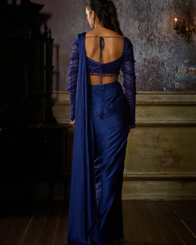 Cobalt Blue Pre Draped Sari Set