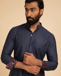 Cobalt Blue Silk Motif Kurta Set