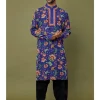 Cobalt Blue Viscose Striped Printed & Embroidered Kurta