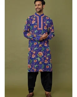 Cobalt Blue Viscose Striped Printed & Embroidered Kurta