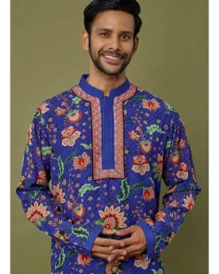 Cobalt Blue Viscose Striped Printed & Embroidered Kurta