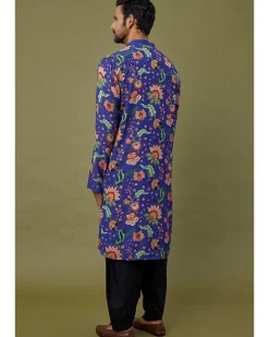 Cobalt Blue Viscose Striped Printed & Embroidered Kurta