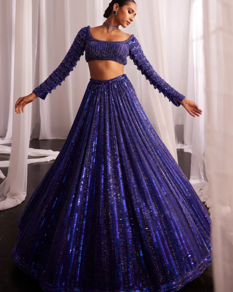 Cocktail Blue Crystal Linear Embroidered Lehenga Set