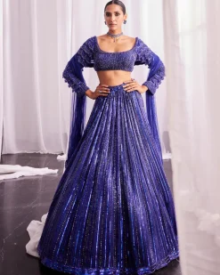 Cocktail Blue Crystal Linear Embroidered Lehenga Set