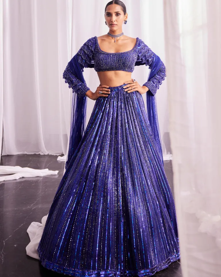 Cocktail Blue Crystal Linear Embroidered Lehenga Set