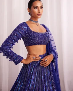 Cocktail Blue Crystal Linear Embroidered Lehenga Set