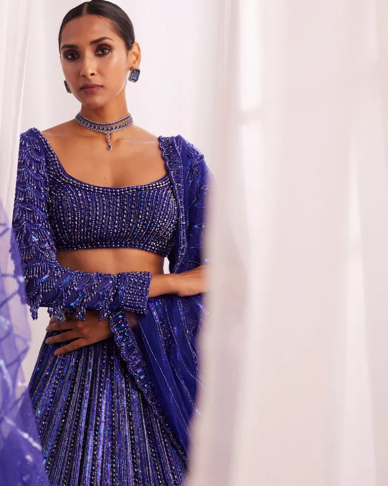 Cocktail Blue Crystal Linear Embroidered Lehenga Set