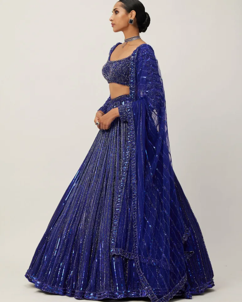 Cocktail Blue Crystal Linear Embroidered Lehenga Set