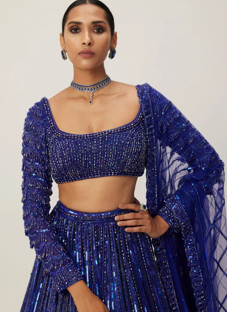 Cocktail Blue Crystal Linear Embroidered Lehenga Set