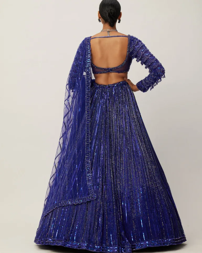 Cocktail Blue Crystal Linear Embroidered Lehenga Set