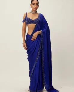 Cocktail Blue Satin Sari Set