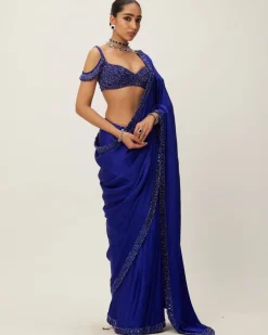 Cocktail Blue Satin Sari Set