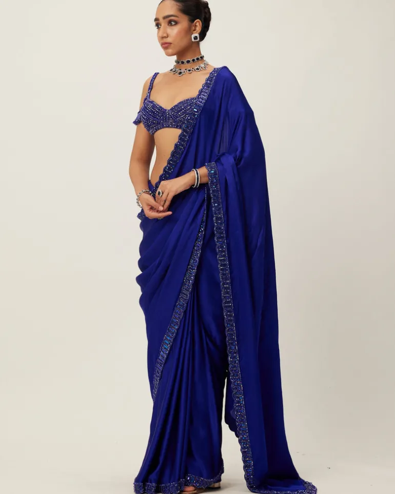 Cocktail Blue Satin Sari Set