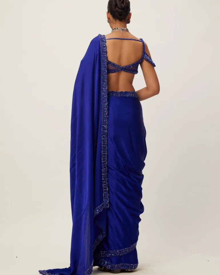 Cocktail Blue Satin Sari Set