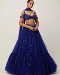Cocktail Blue Sequins Scattered Tulle Lehenga Set