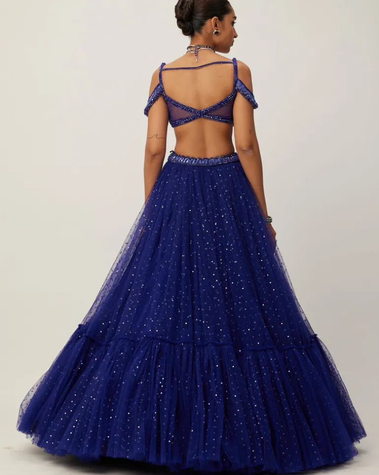 Cocktail Blue Sequins Scattered Tulle Lehenga Set