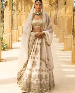 Coconut & Gold Embroidered Bridal Lehenga Set
