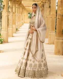 Coconut & Gold Embroidered Bridal Lehenga Set
