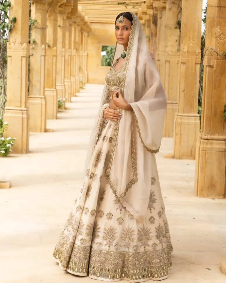 Coconut & Gold Embroidered Bridal Lehenga Set