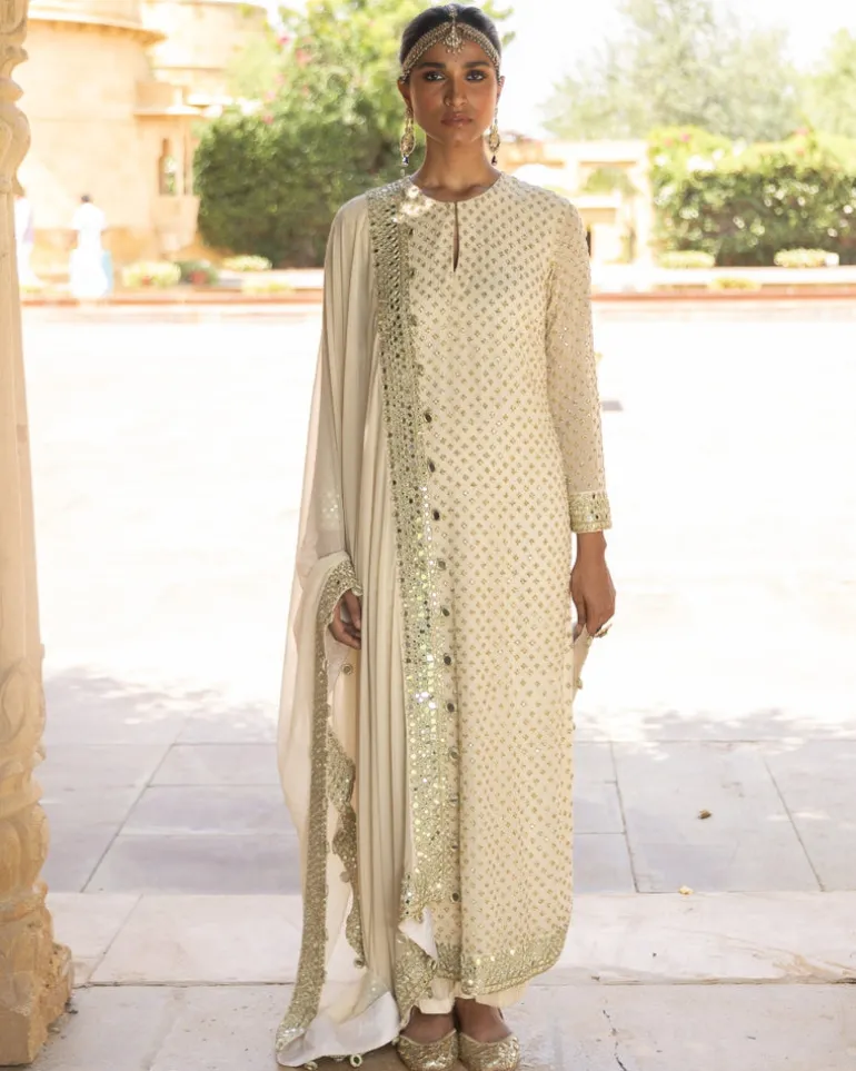 Coconut & Gold Embroidered Kurta Set