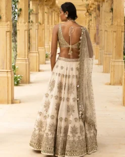 Coconut & Gold Embroidered Bridal Lehenga Set