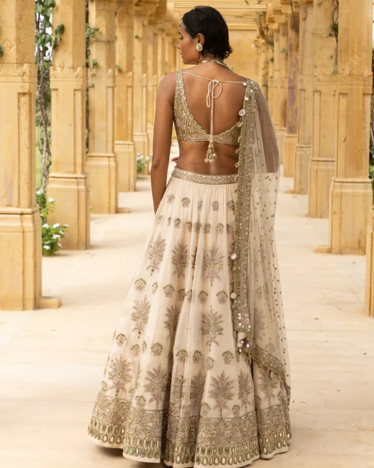 Coconut & Gold Embroidered Bridal Lehenga Set