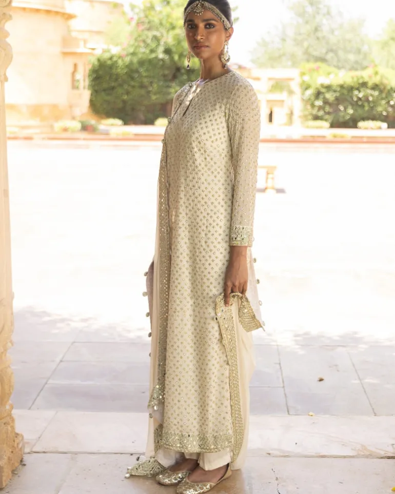 Coconut & Gold Embroidered Kurta Set
