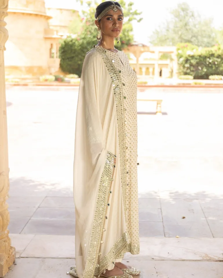 Coconut & Gold Embroidered Kurta Set