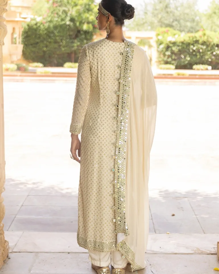 Coconut & Gold Embroidered Kurta Set