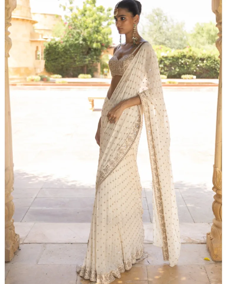 Coconut & Rose Gold Embroidered Sari Set