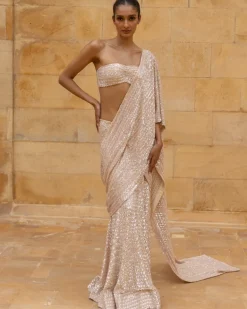 Coconut Embroidered Sequins Sari Set