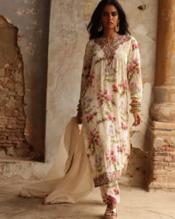 Coconut Pine Print Hand Embroidered Kurta Set