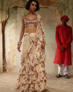 Coconut Pine Print Ruffle Sari Set
