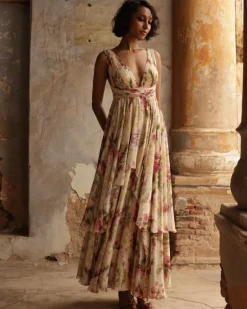 Coconut Pine Print Tiered Dress