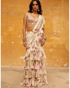 Coconut Pine Tiered Print Ruffle Sari Set