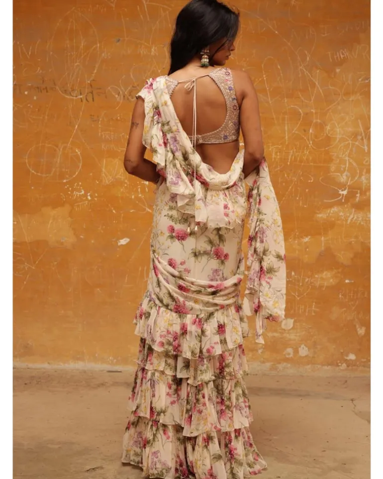 Coconut Pine Tiered Print Ruffle Sari Set