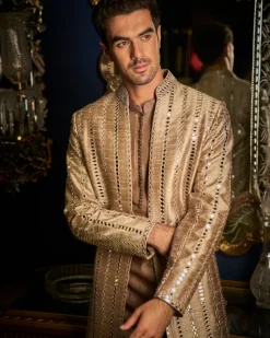 Coffee Mirror Open Sherwani Set