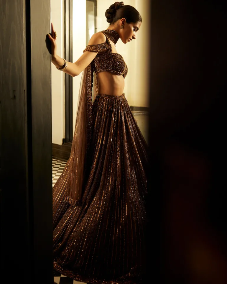 Copper Crystal Linear Embroidered Lehenga Set