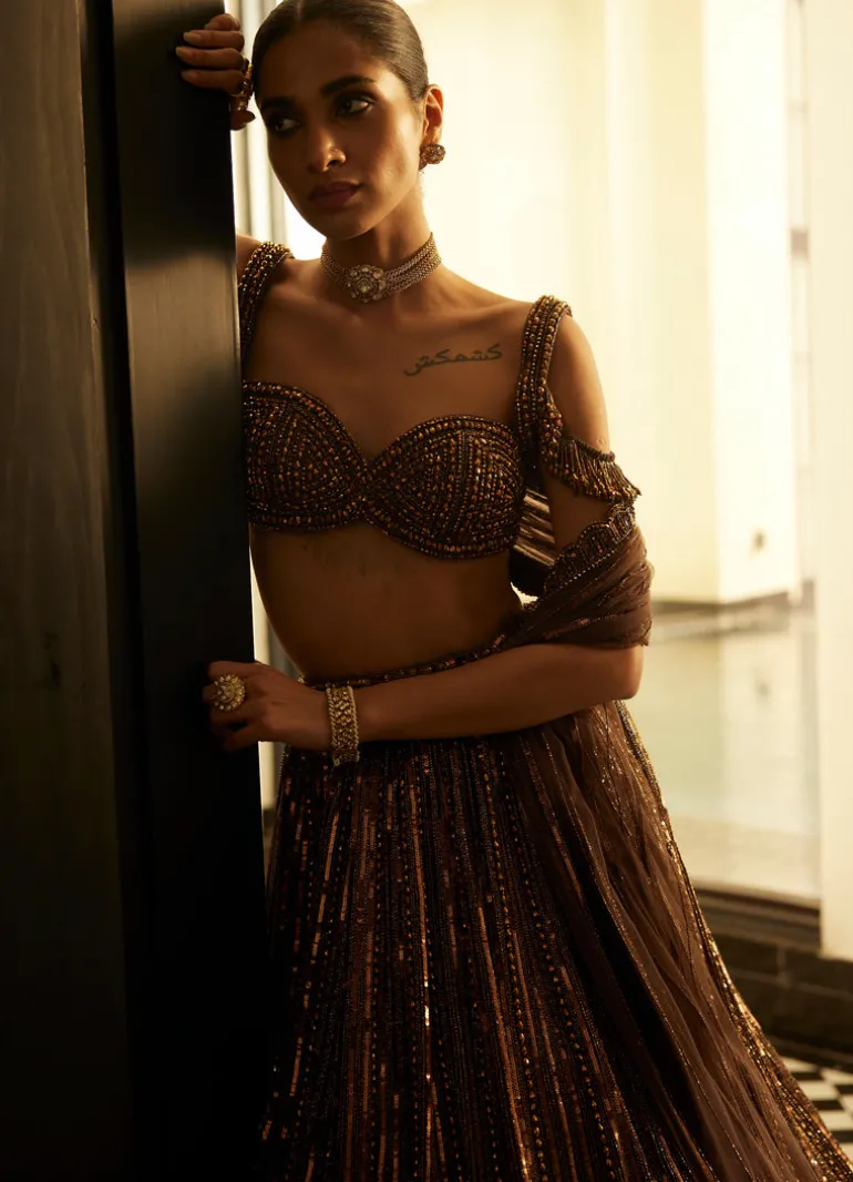 Copper Crystal Linear Embroidered Lehenga Set
